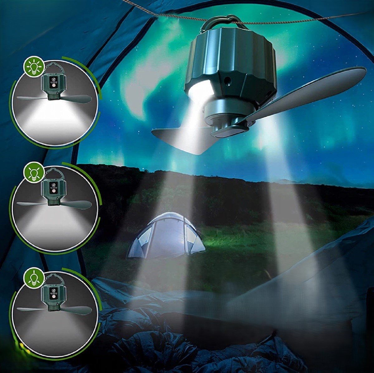 Prenosný ventilátor do stanu s LED svetlom